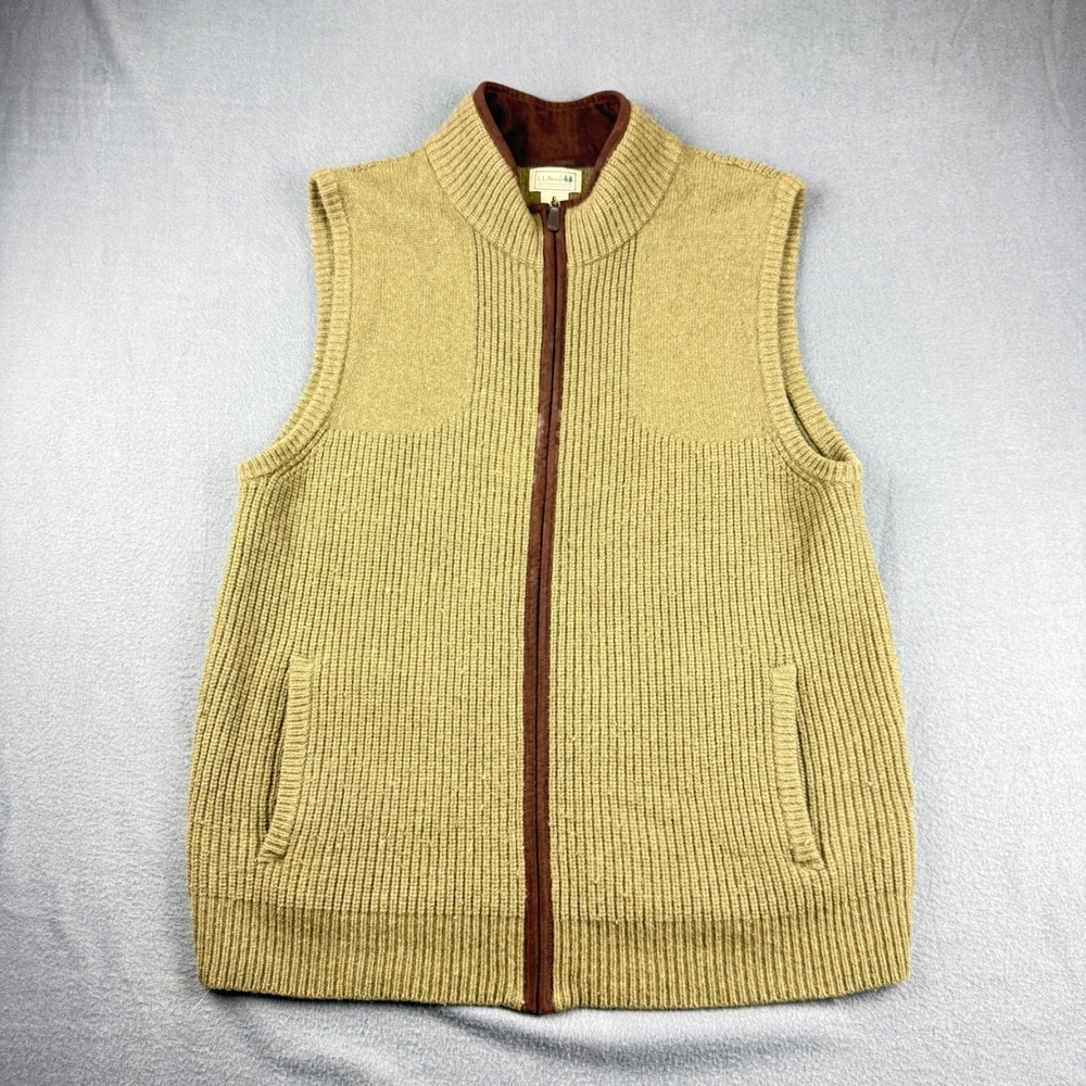 LL Bean Waterfowl Vest Men's L Green 100% Merino Lambswool Full Zip Ribbed Knit